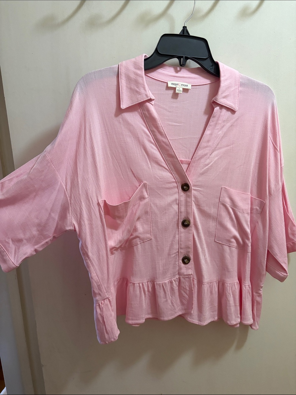 Moa Moa Light Pink Button-Front Peplum Blouse